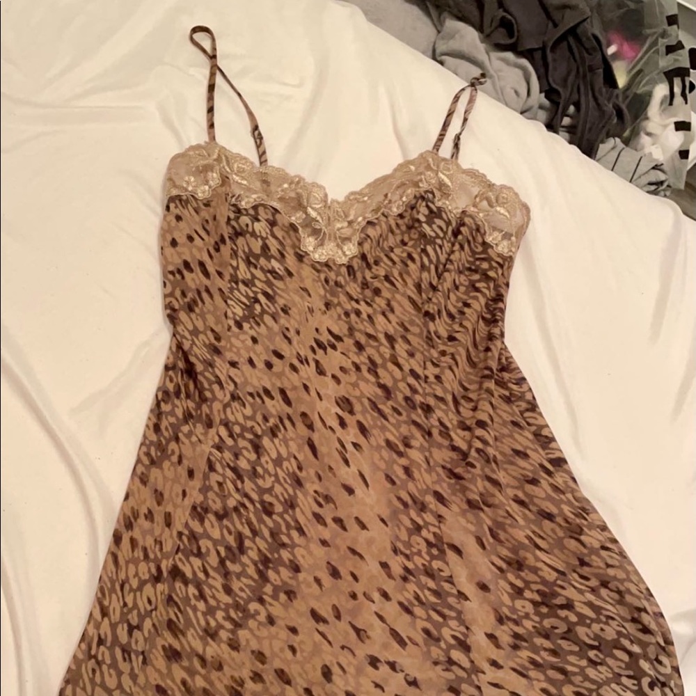 Victorias Secret Babydoll Chemise Nightie XS Gown Tan Leopard Print Lace